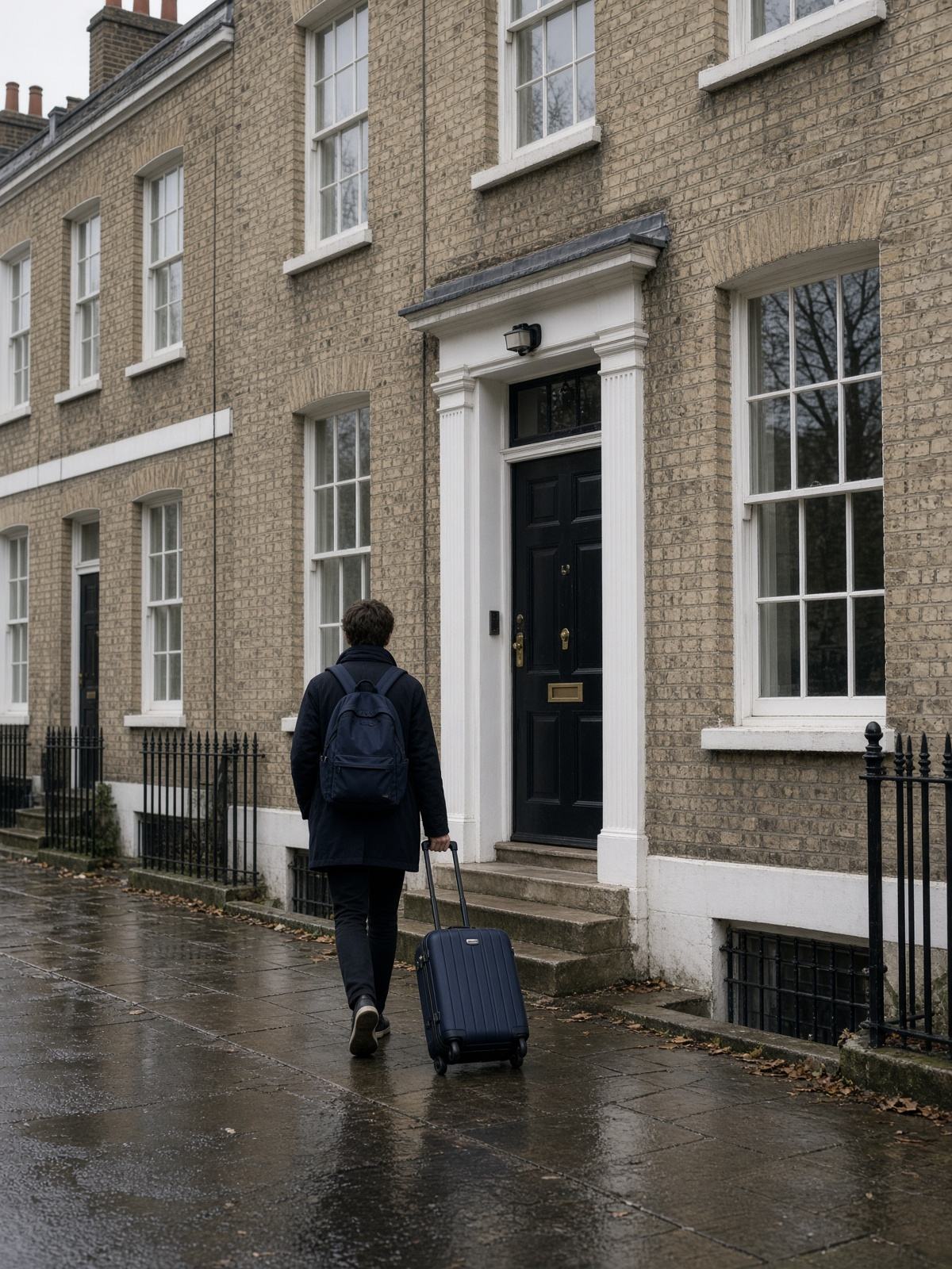 A student with a suitcase arriving at a brick townhouse