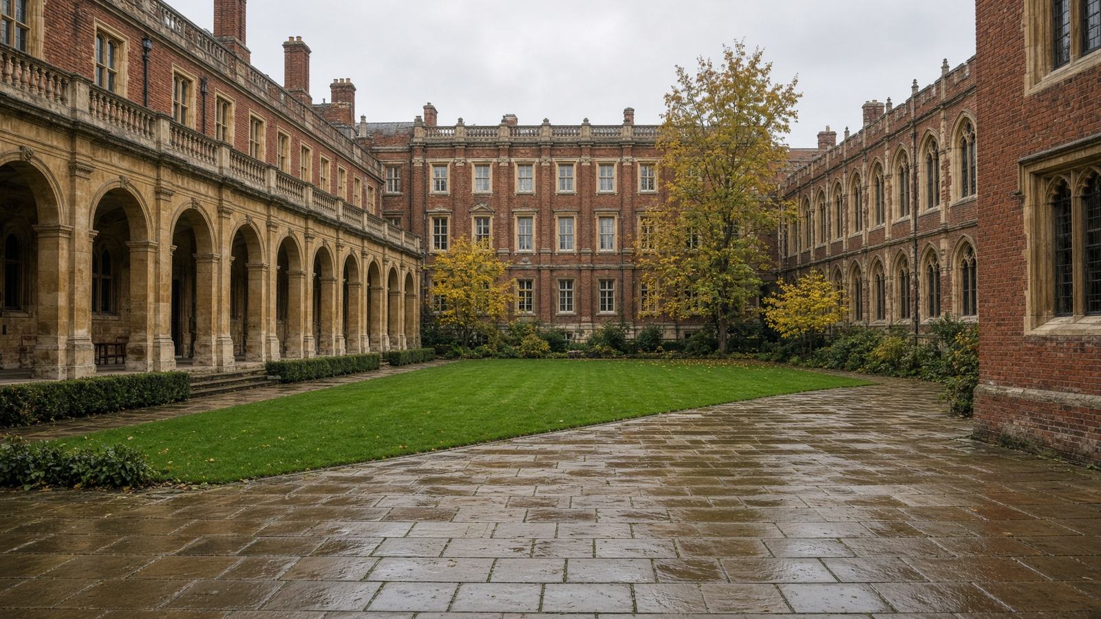 An English university quadrangle after rain
