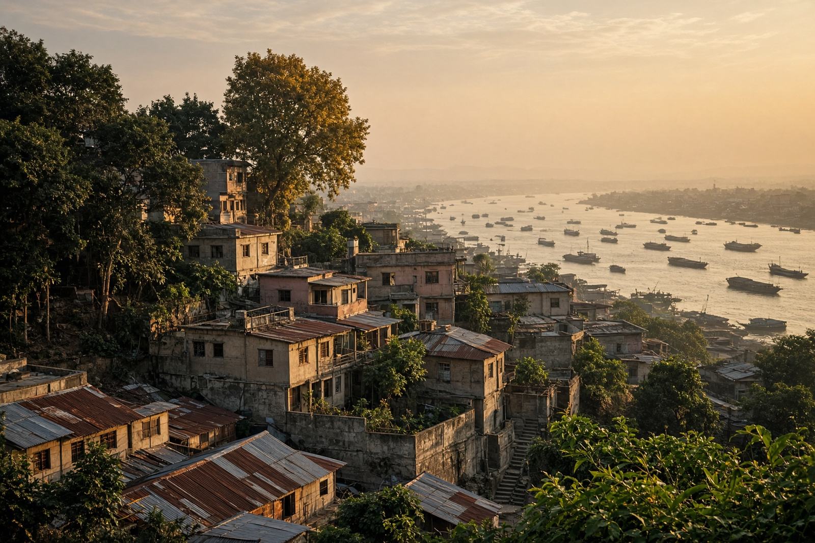 Hillside houses above a wide river at dusk