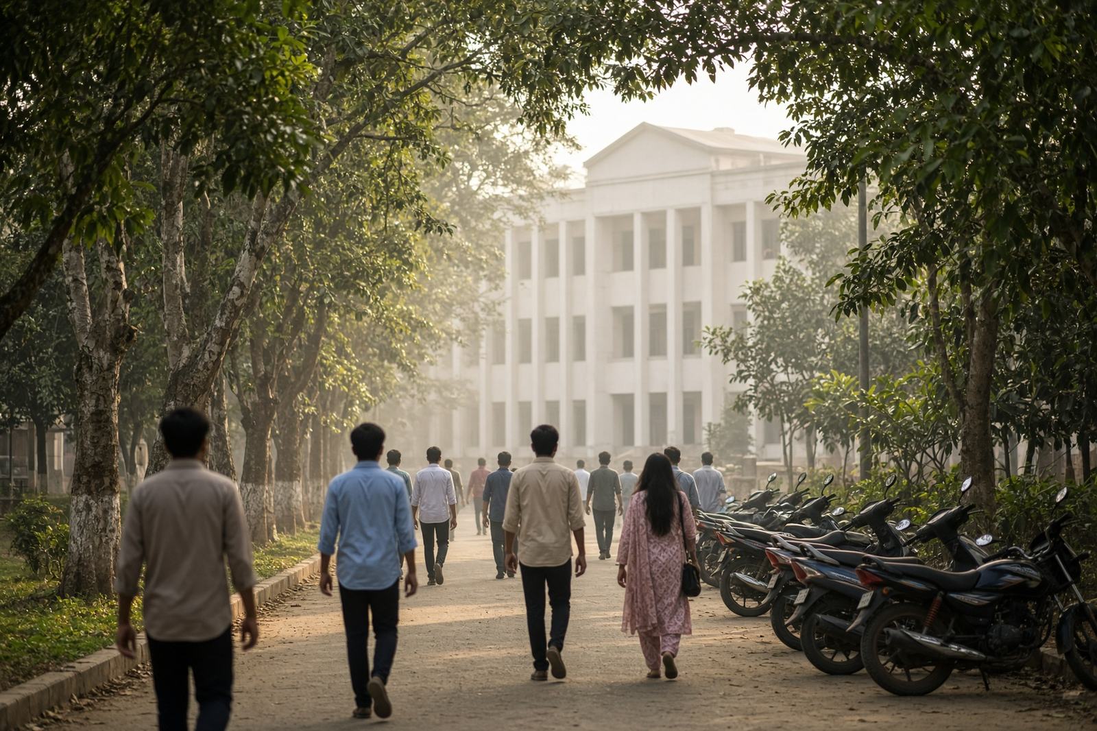 Students walking toward a college building in the morning