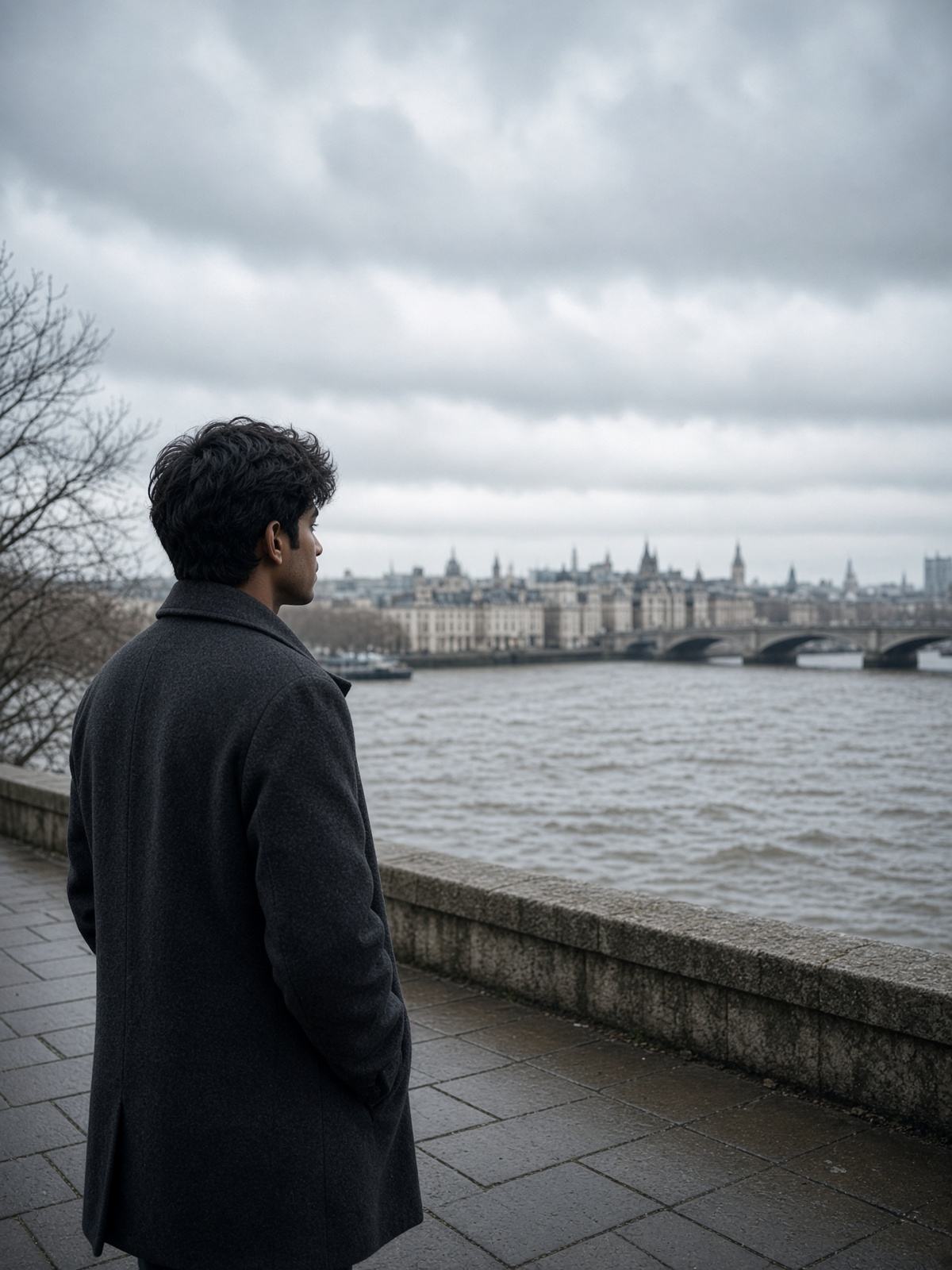A student on a London riverside, looking toward the city