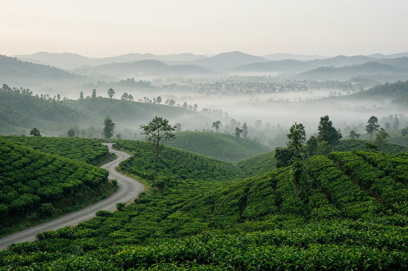 Tea hills in morning mist
